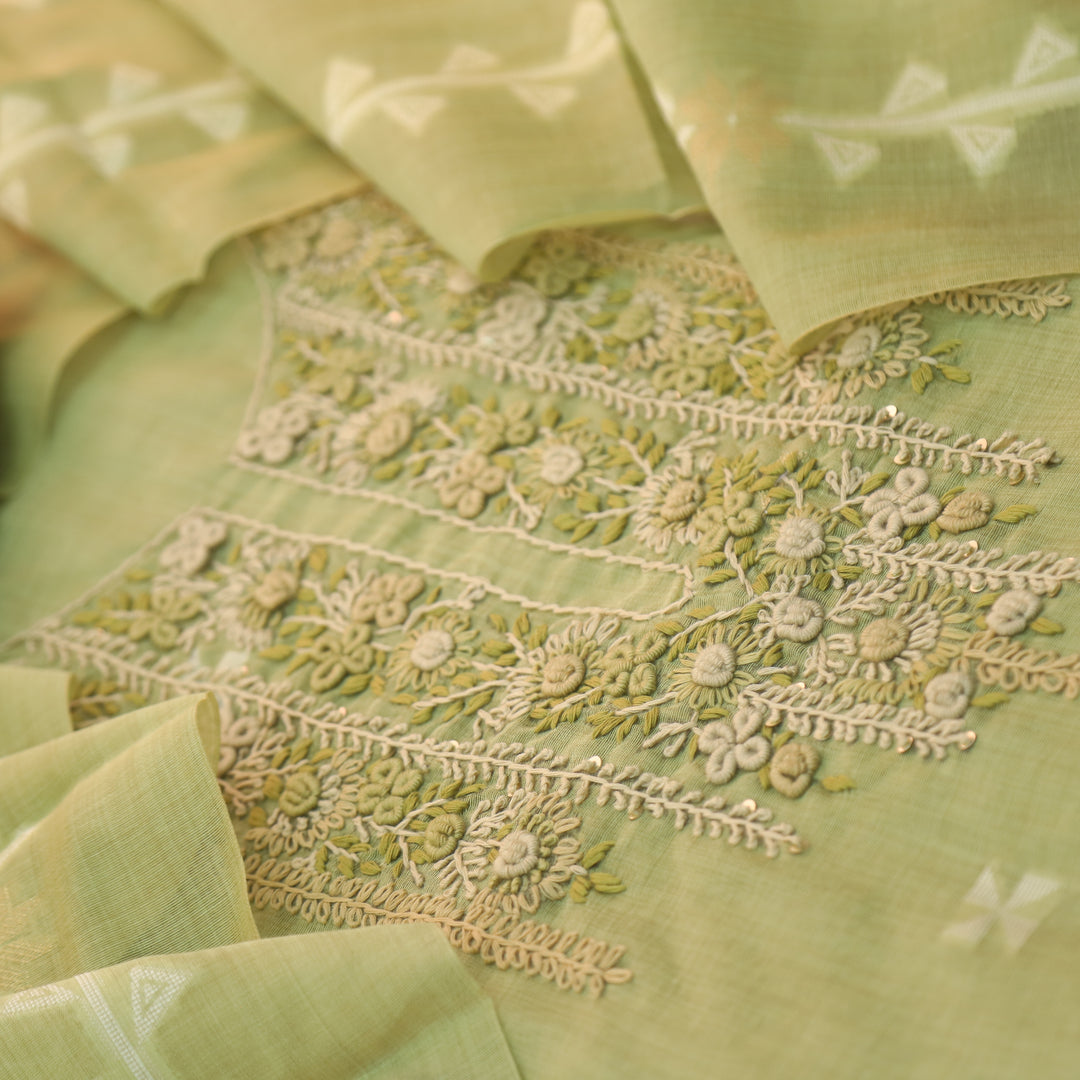 Roop MInt Green Thread Neck Work Jamdani Weaved Suit Set