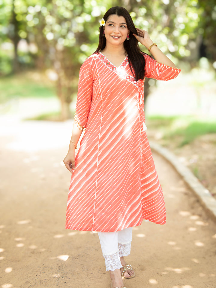 Lehar Rose Peach Panel Style Leheriye Cotton Kurti