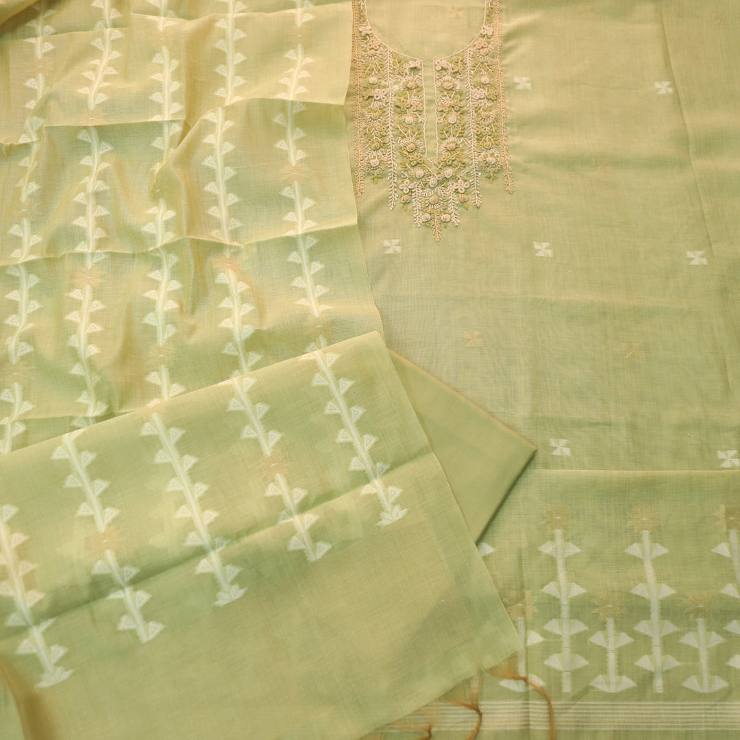 Roop MInt Green Thread Neck Work Jamdani Weaved Suit Set