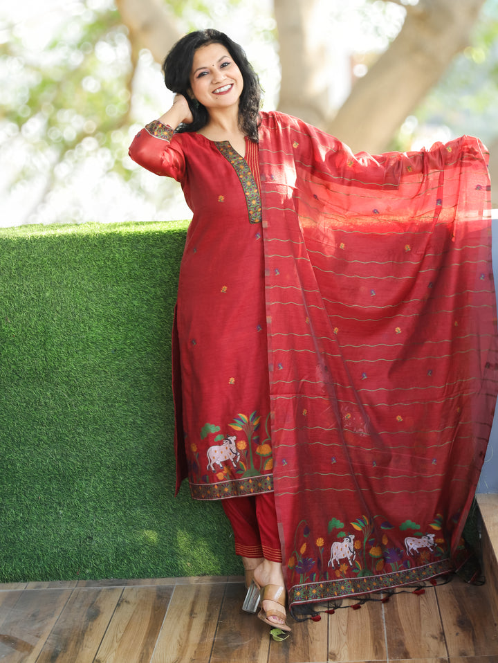 Subhadra Berry Red Collar Running Thread Pichwai Jamdani Chanderi 3 Piece Set