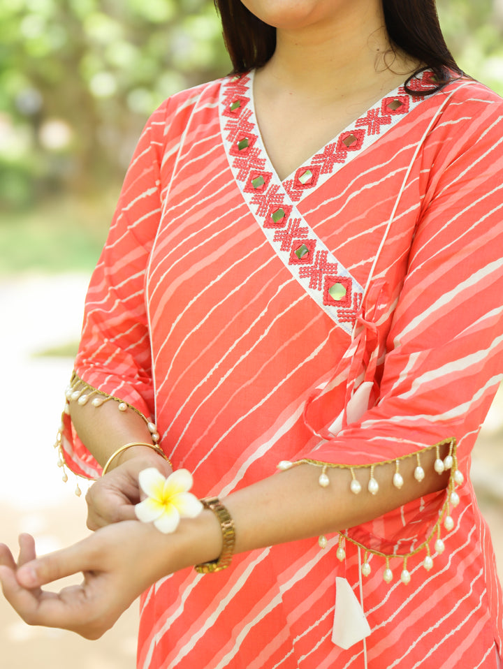Lehar Rose Peach Panel Style Leheriye Cotton Kurti