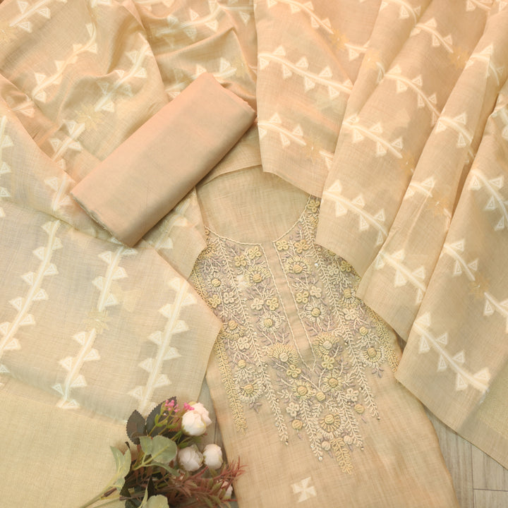 Roop Sand Beige Thread Neck Work Jamdani Weaved Suit Set