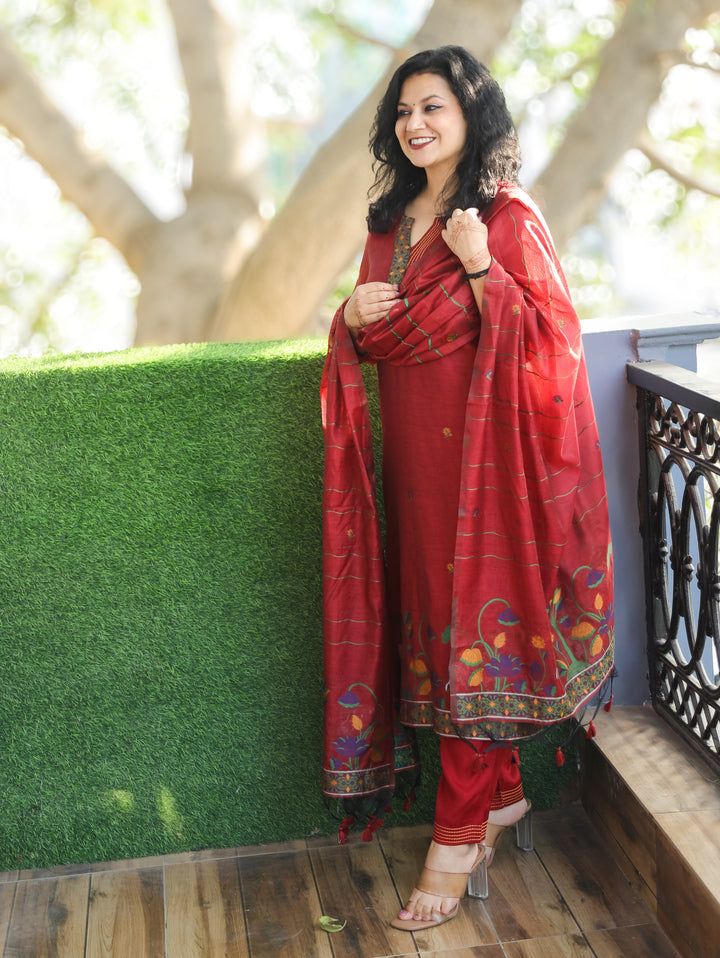 Subhadra Berry Red Collar Running Thread Pichwai Jamdani Chanderi 3 Piece Set