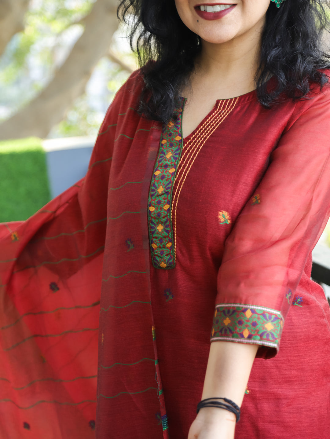 Subhadra Berry Red Collar Running Thread Pichwai Jamdani Chanderi 3 Piece Set