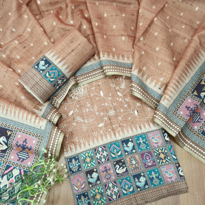 Rishika Peanut Beige Schiffli with Thread Work Printed Hem Tussar Chanderi Silk Set