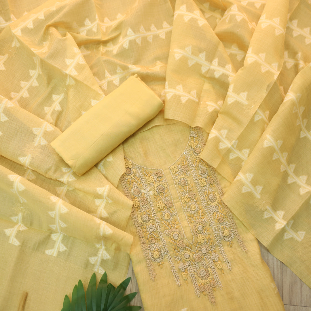 Roop Corn Yellow Thread Neck Work Jamdani Weaved Suit Set