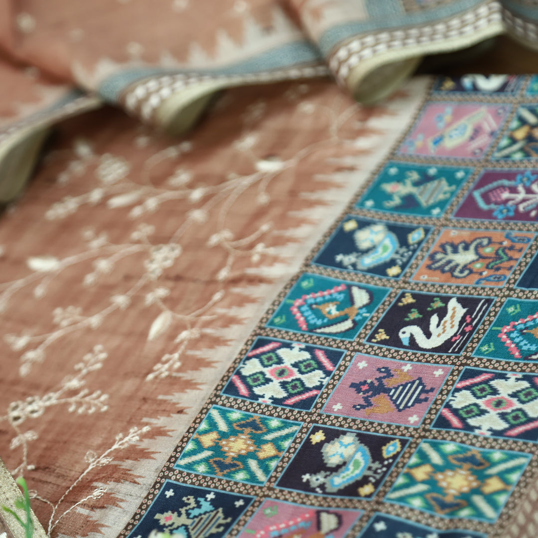 Rishika Peanut Beige Schiffli with Thread Work Printed Hem Tussar Chanderi Silk Set