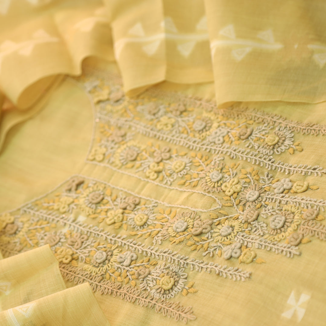Roop Corn Yellow Thread Neck Work Jamdani Weaved Suit Set