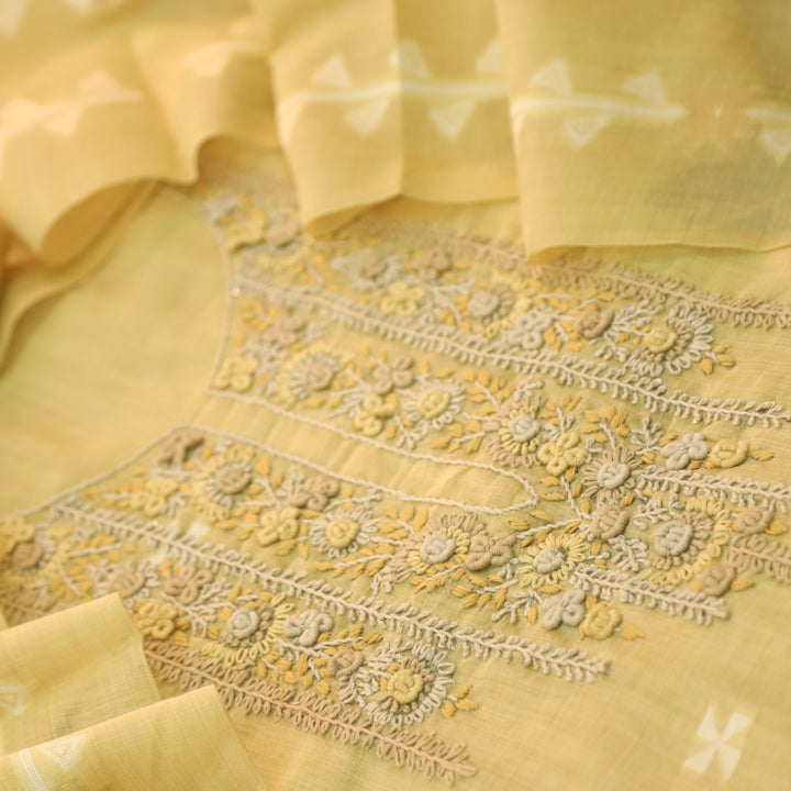 Roop Corn Yellow Thread Neck Work Jamdani Weaved Suit Set