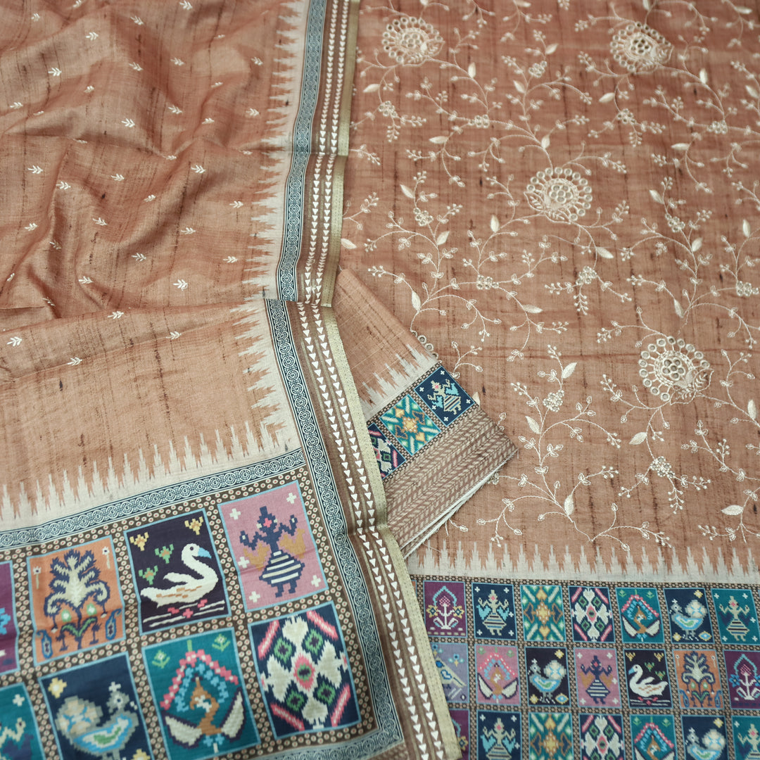 Rishika Peanut Beige Schiffli with Thread Work Printed Hem Tussar Chanderi Silk Set