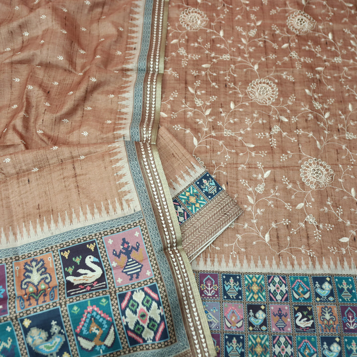 Rishika Peanut Beige Schiffli with Thread Work Printed Hem Tussar Chanderi Silk Set