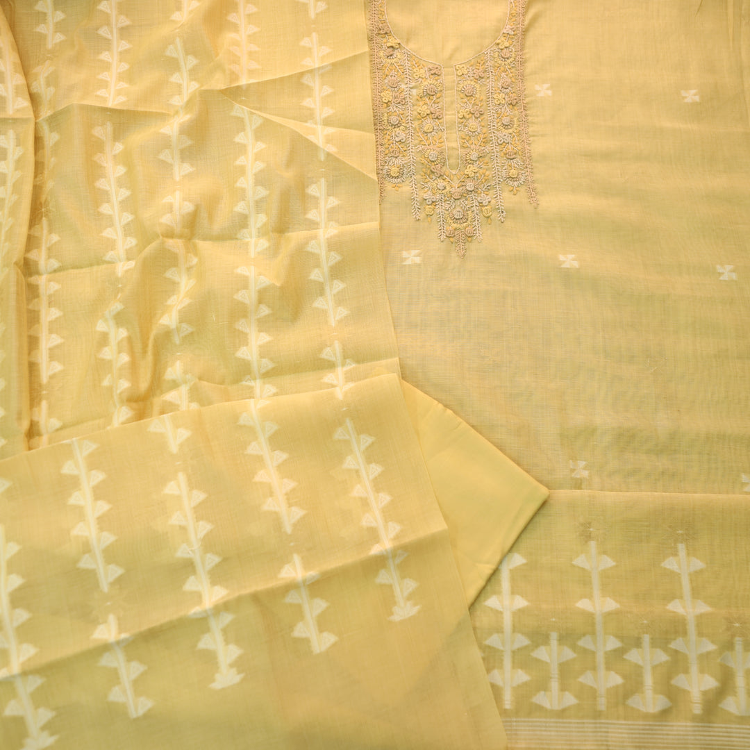 Roop Corn Yellow Thread Neck Work Jamdani Weaved Suit Set