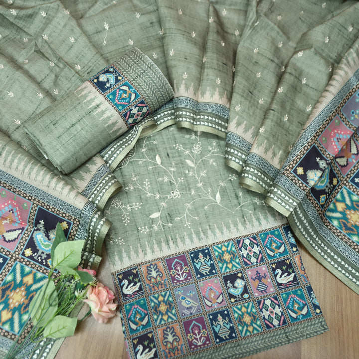 Rishika Sage Green Schiffli with Thread Work Printed Hem Tussar Chanderi Silk Set