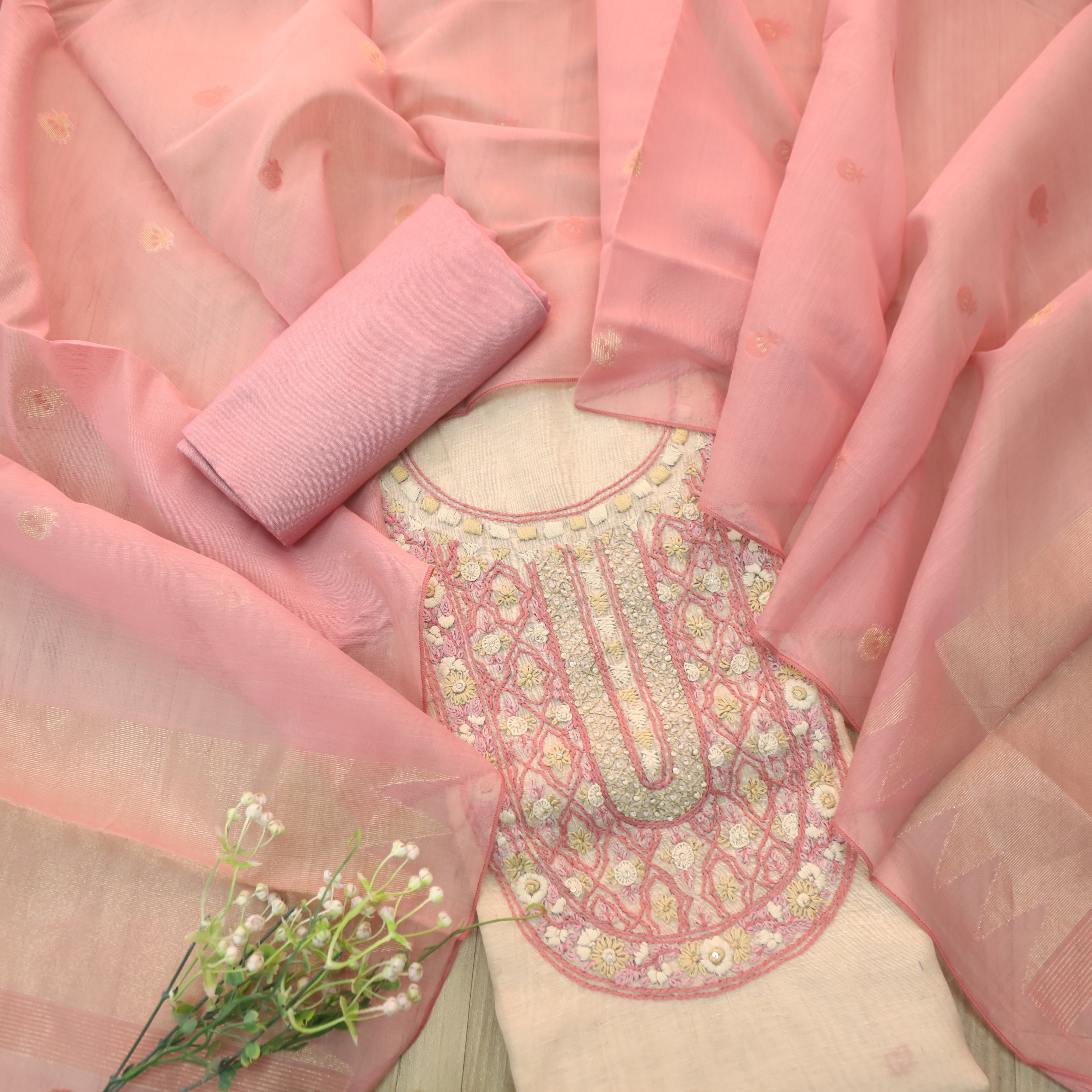 Roop Sand Beige with Pink Thread Embroidery Neck Work Jamdani Suit Set ...