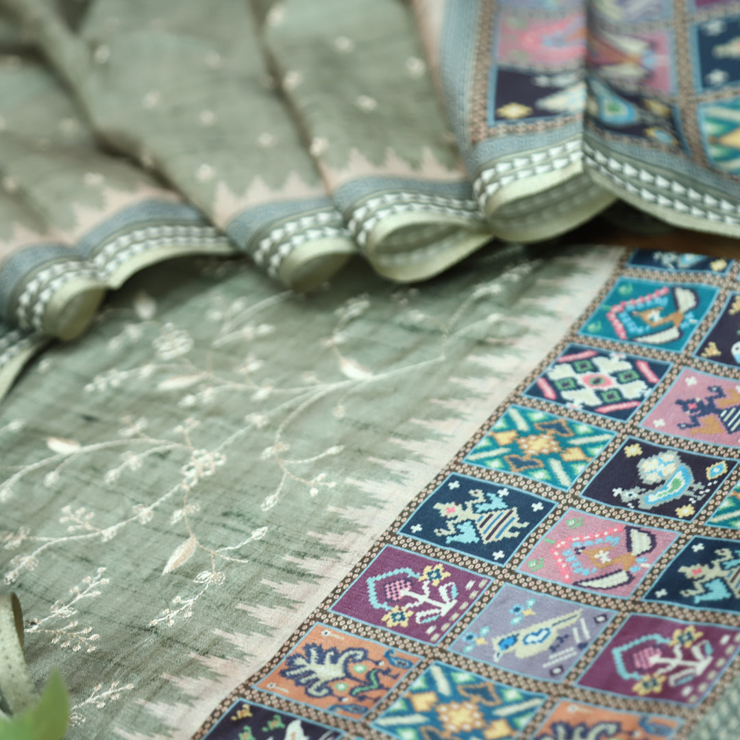 Rishika Sage Green Schiffli with Thread Work Printed Hem Tussar Chanderi Silk Set