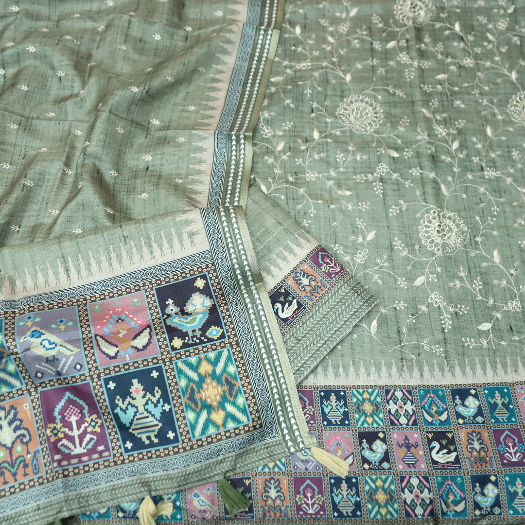 Rishika Sage Green Schiffli with Thread Work Printed Hem Tussar Chanderi Silk Set