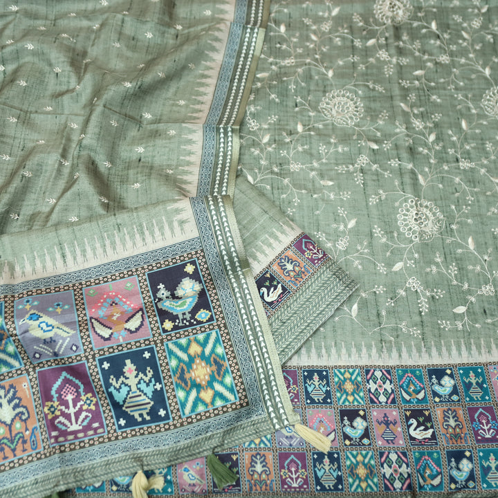 Rishika Sage Green Schiffli with Thread Work Printed Hem Tussar Chanderi Silk Set