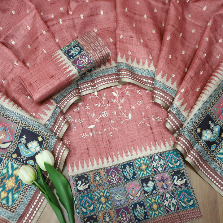 Rishika Mauve Pink Schiffli with Thread Work Printed Hem Tussar Chanderi Silk Set