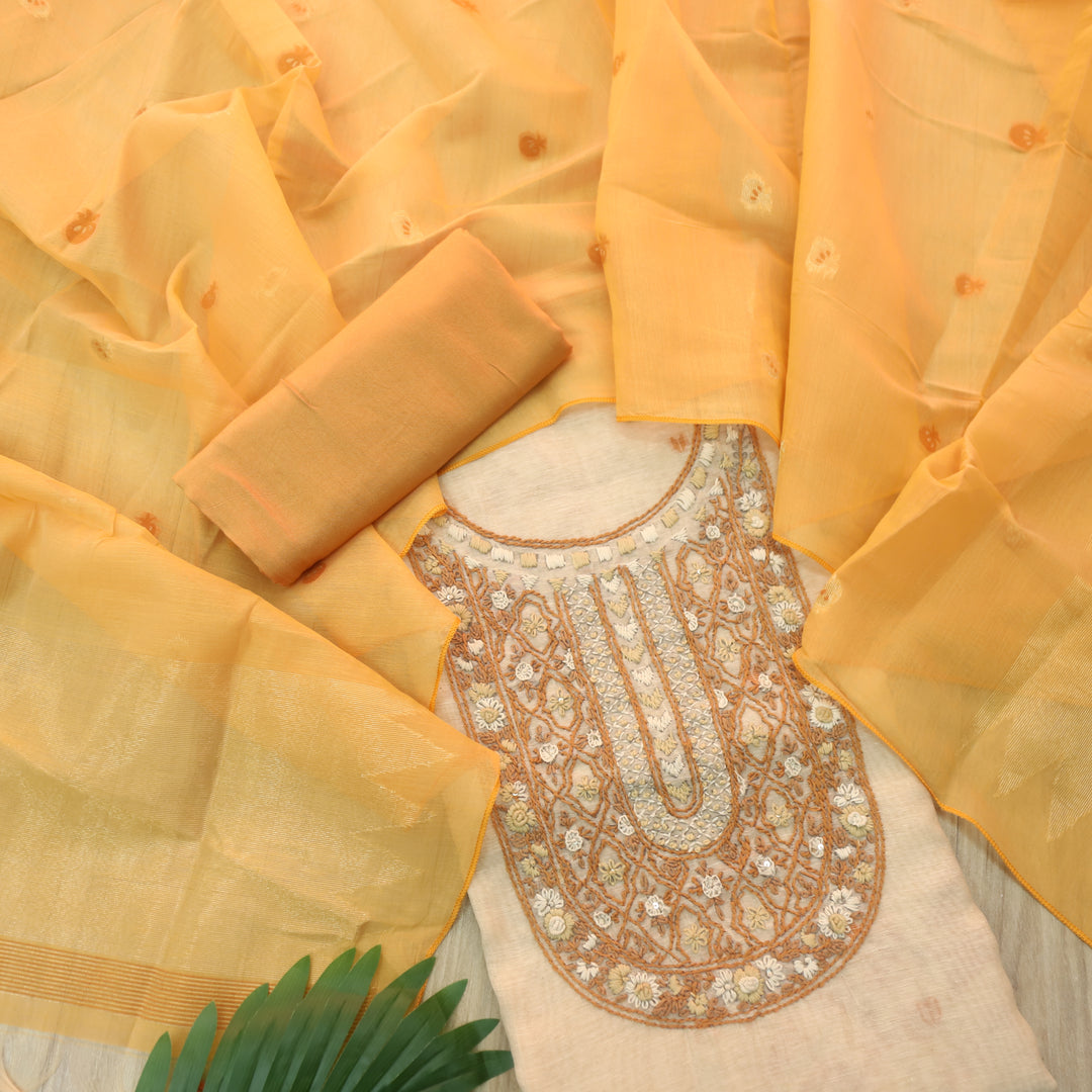 Roop Sand Beige with Yellow Thread Embroidery Neck Work Jamdani Suit Set
