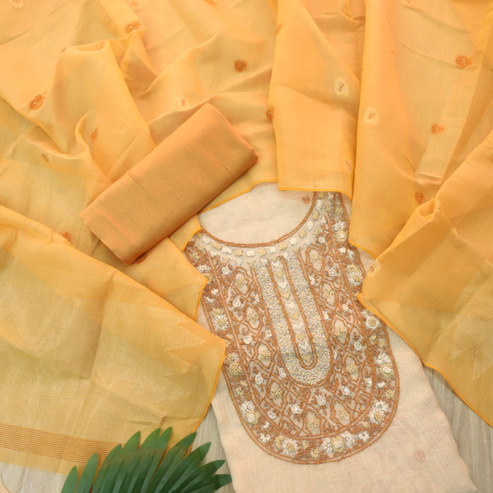 Roop Sand Beige with Yellow Thread Embroidery Neck Work Jamdani Suit Set