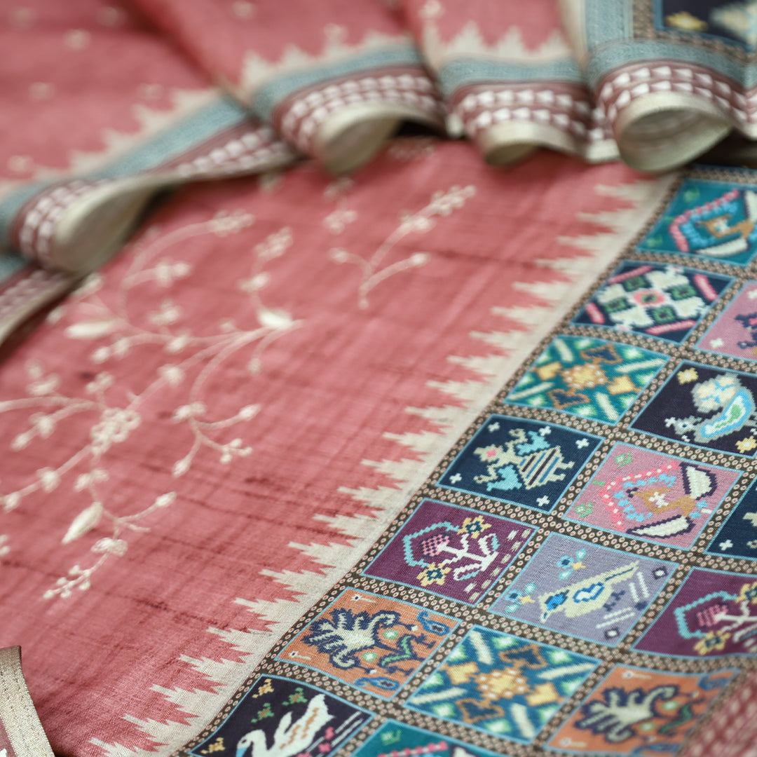 Rishika Mauve Pink Schiffli with Thread Work Printed Hem Tussar Chanderi Silk Set