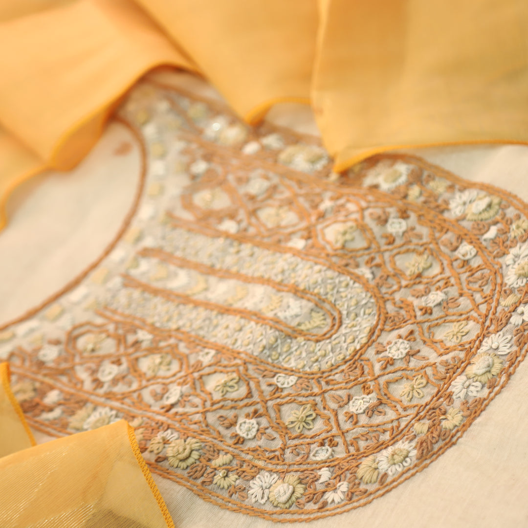 Roop Sand Beige with Yellow Thread Embroidery Neck Work Jamdani Suit Set