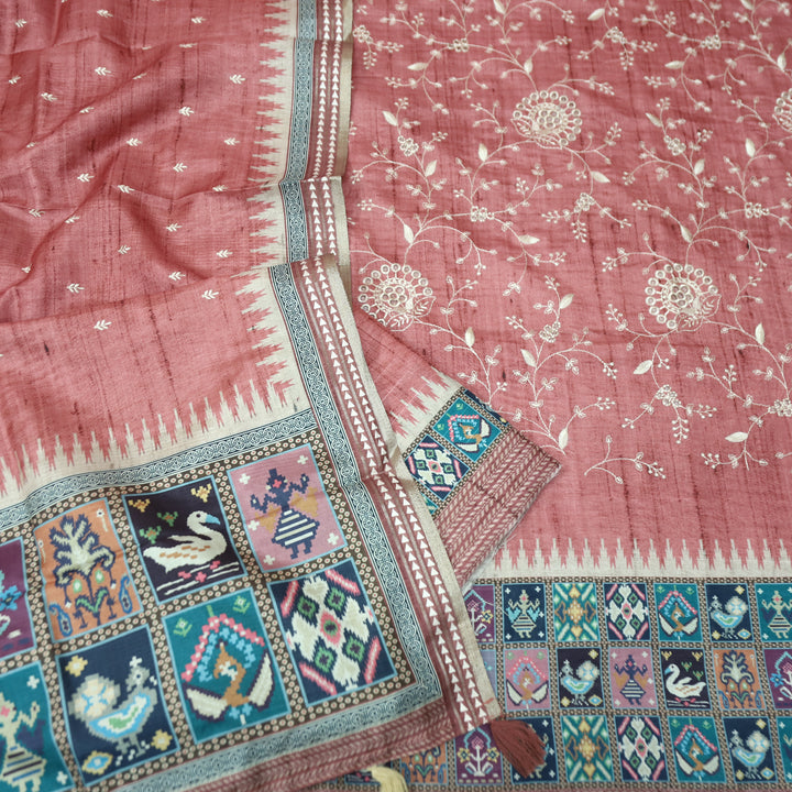 Rishika Mauve Pink Schiffli with Thread Work Printed Hem Tussar Chanderi Silk Set