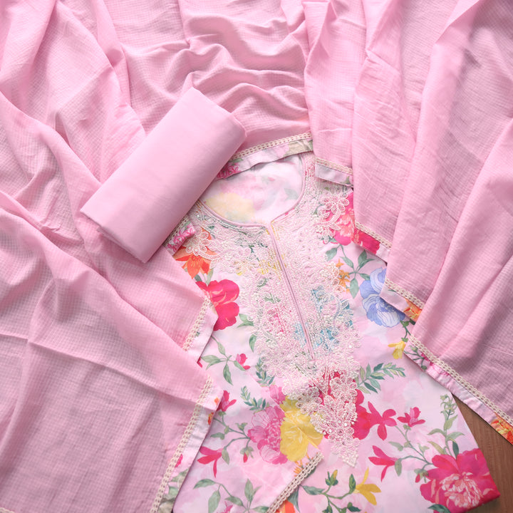 Rahi Candy Pink Thread Embroidered Neck Work in Floral Print Cotton Suit Set