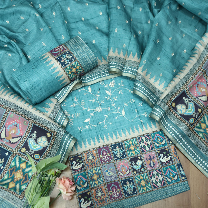 Rishika Stone Blue Schiffli with Thread Work Printed Hem Tussar Chanderi Silk Set