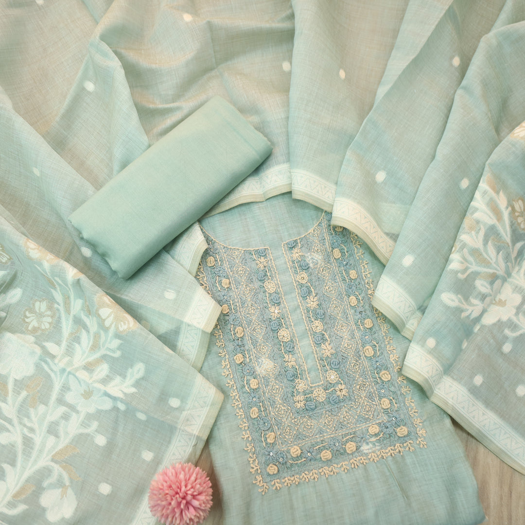 Roop Azure Blue Thread Neck Work Jamdani Weaved Suit Set