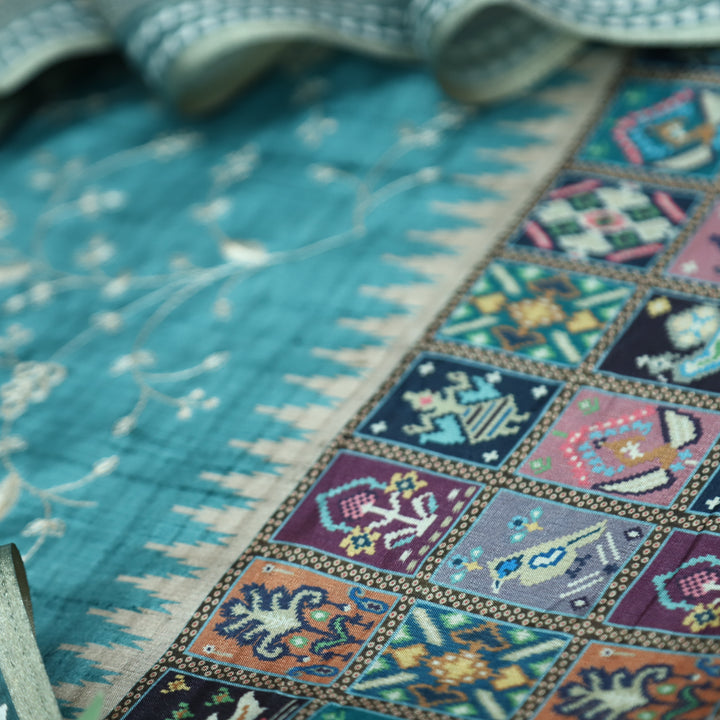 Rishika Stone Blue Schiffli with Thread Work Printed Hem Tussar Chanderi Silk Set