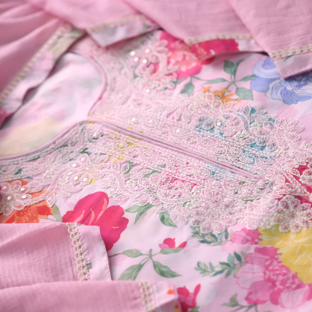 Rahi Candy Pink Thread Embroidered Neck Work in Floral Print Cotton Suit Set