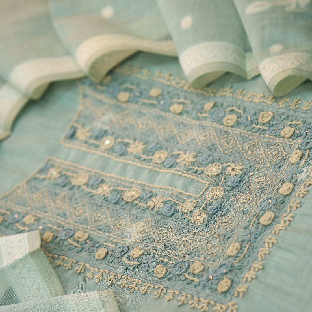 Roop Azure Blue Thread Neck Work Jamdani Weaved Suit Set