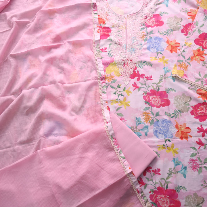 Rahi Candy Pink Thread Embroidered Neck Work in Floral Print Cotton Suit Set