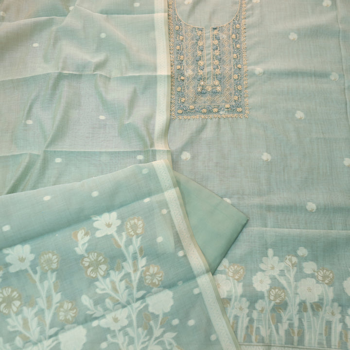 Roop Azure Blue Thread Neck Work Jamdani Weaved Suit Set
