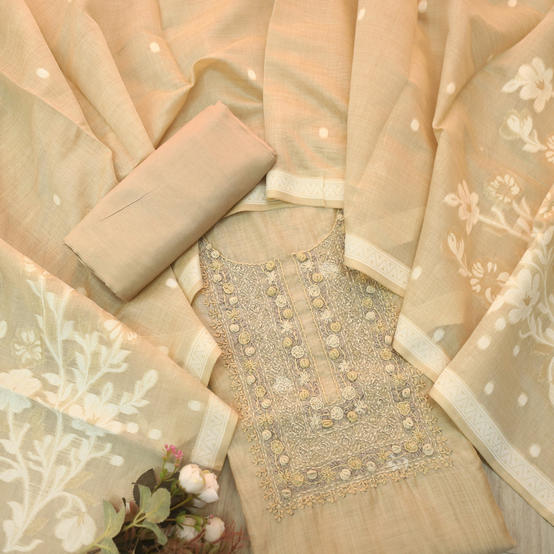 Roop Coffee Beige Thread Neck Work Jamdani Weaved Suit Set