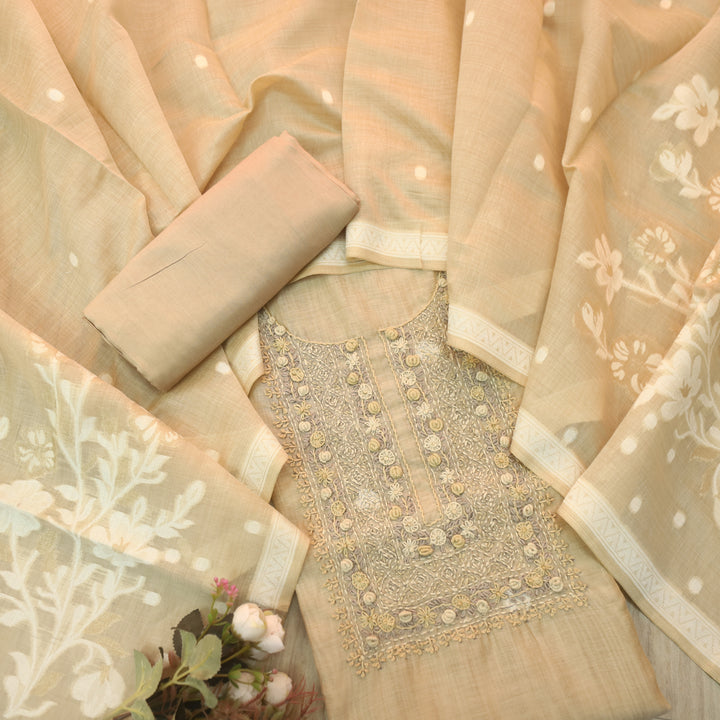 Roop Coffee Beige Thread Neck Work Jamdani Weaved Suit Set