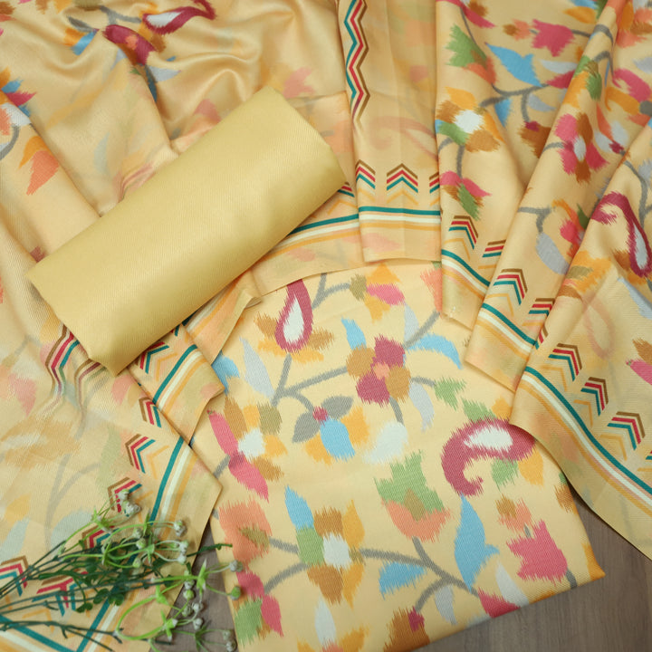 राजवाड़ी Butter Yellow Digital Floral Printed emi Pashmina Winter Set