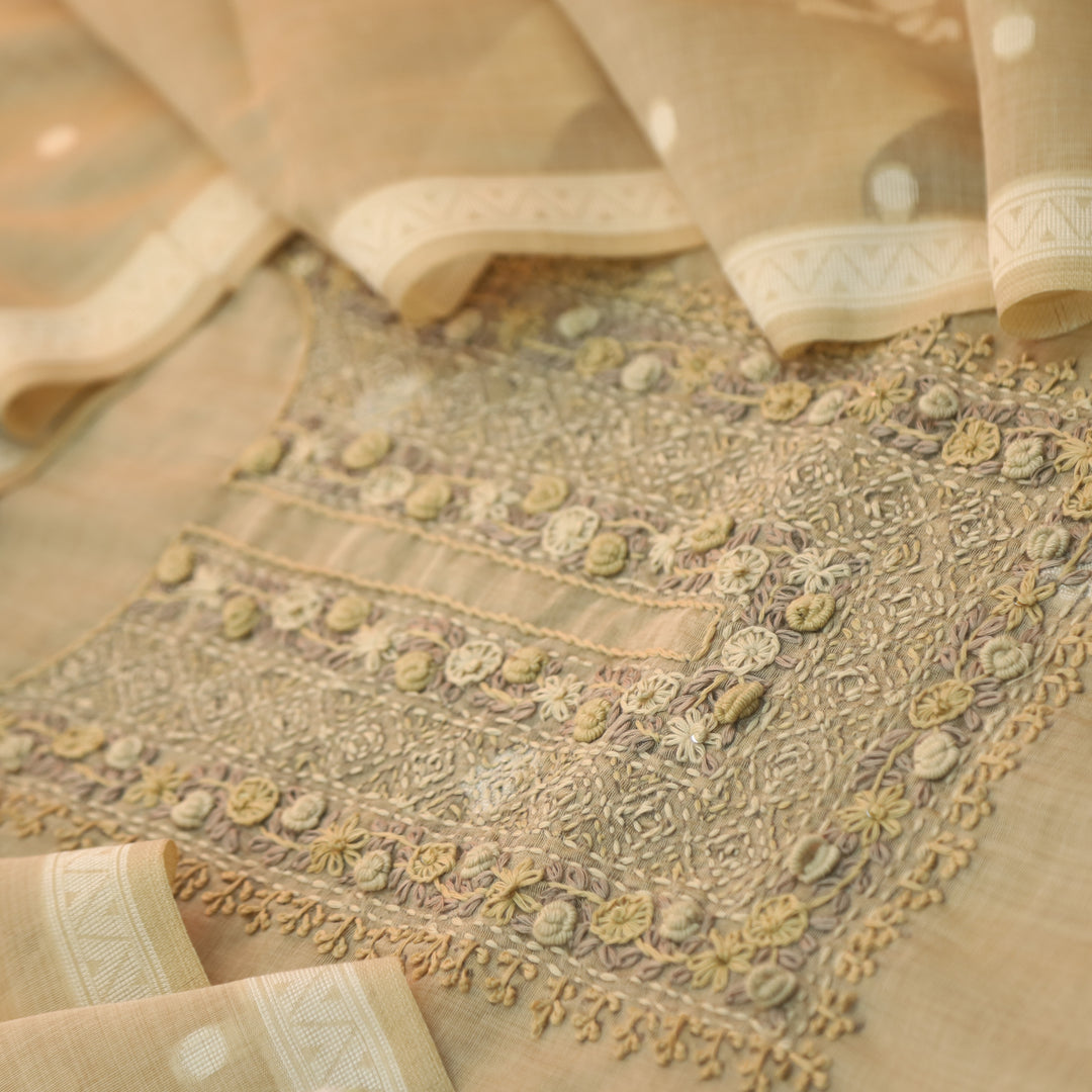 Roop Coffee Beige Thread Neck Work Jamdani Weaved Suit Set