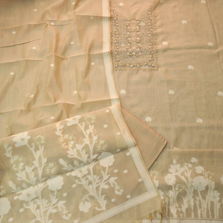 Roop Coffee Beige Thread Neck Work Jamdani Weaved Suit Set