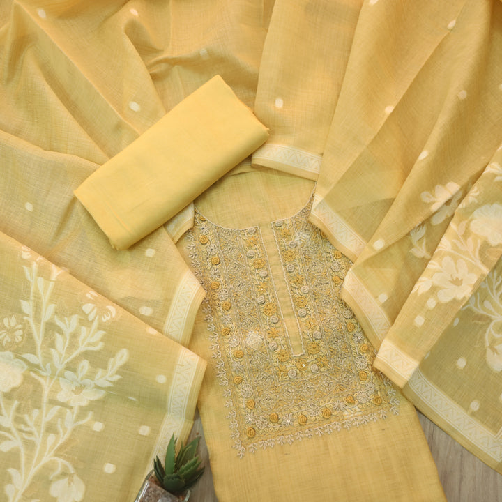 Roop Custrad Yellow Thread Neck Work Jamdani Weaved Suit Set
