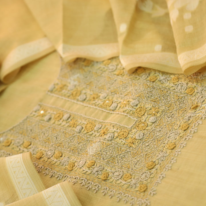 Roop Custrad Yellow Thread Neck Work Jamdani Weaved Suit Set