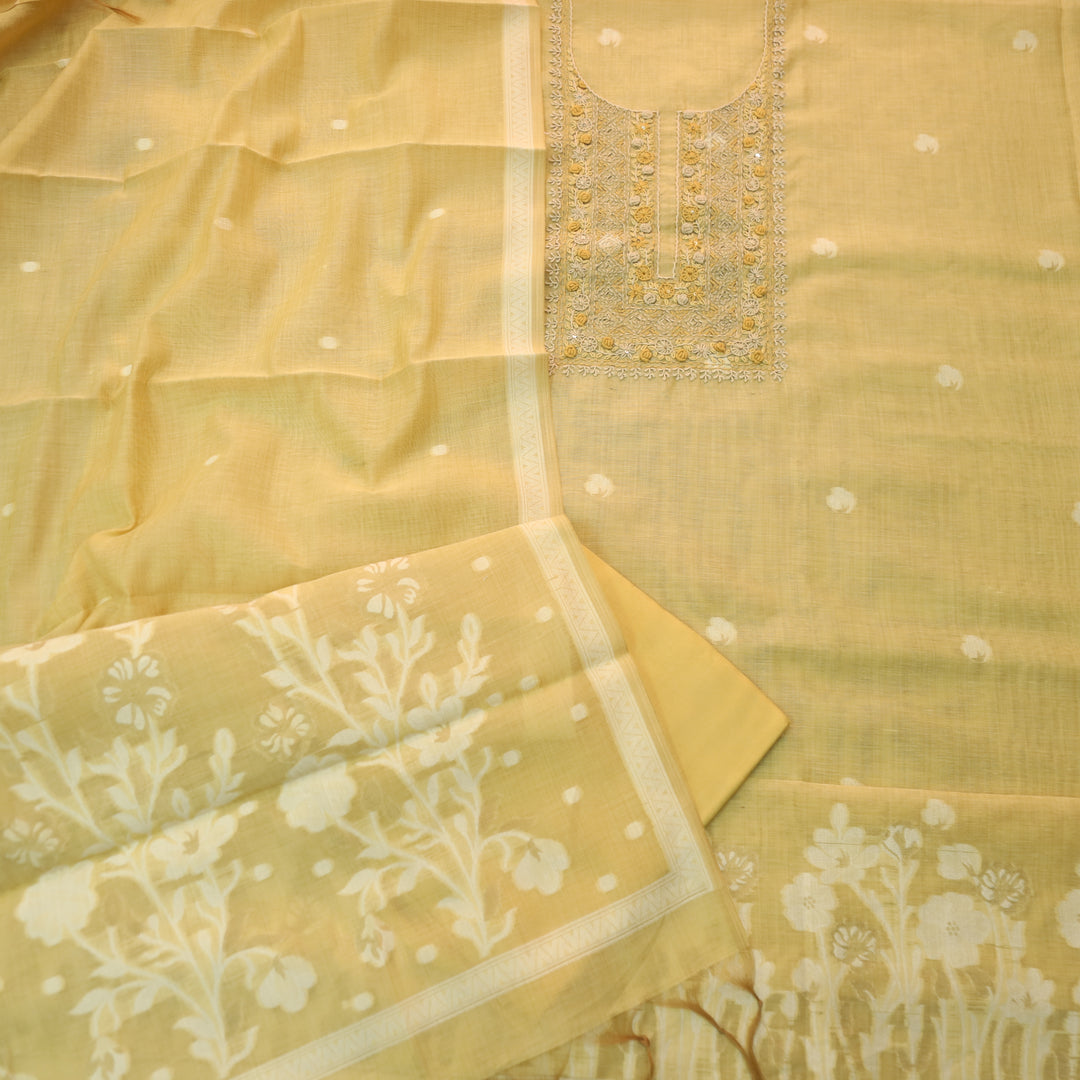 Roop Custrad Yellow Thread Neck Work Jamdani Weaved Suit Set