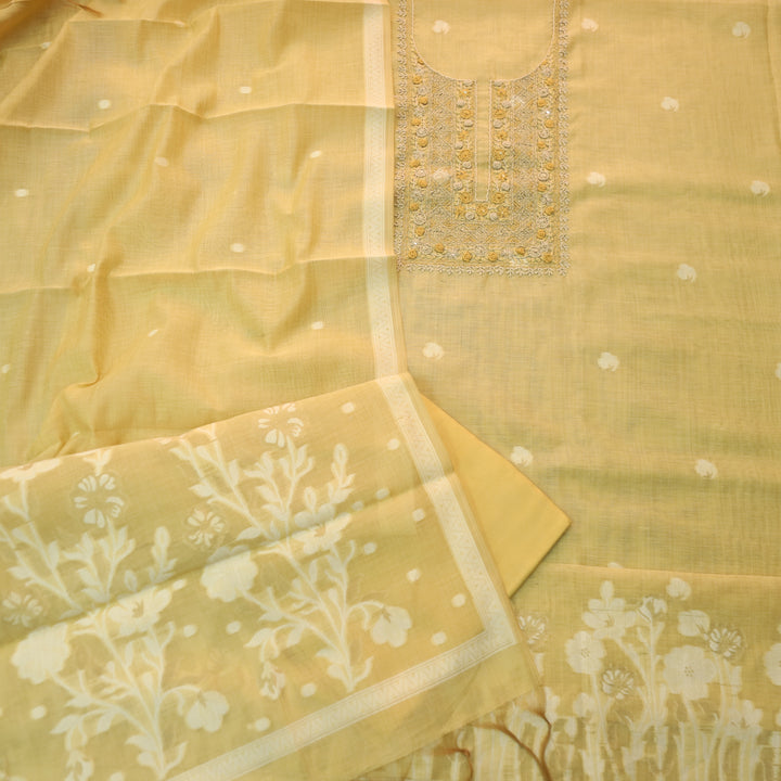Roop Custrad Yellow Thread Neck Work Jamdani Weaved Suit Set