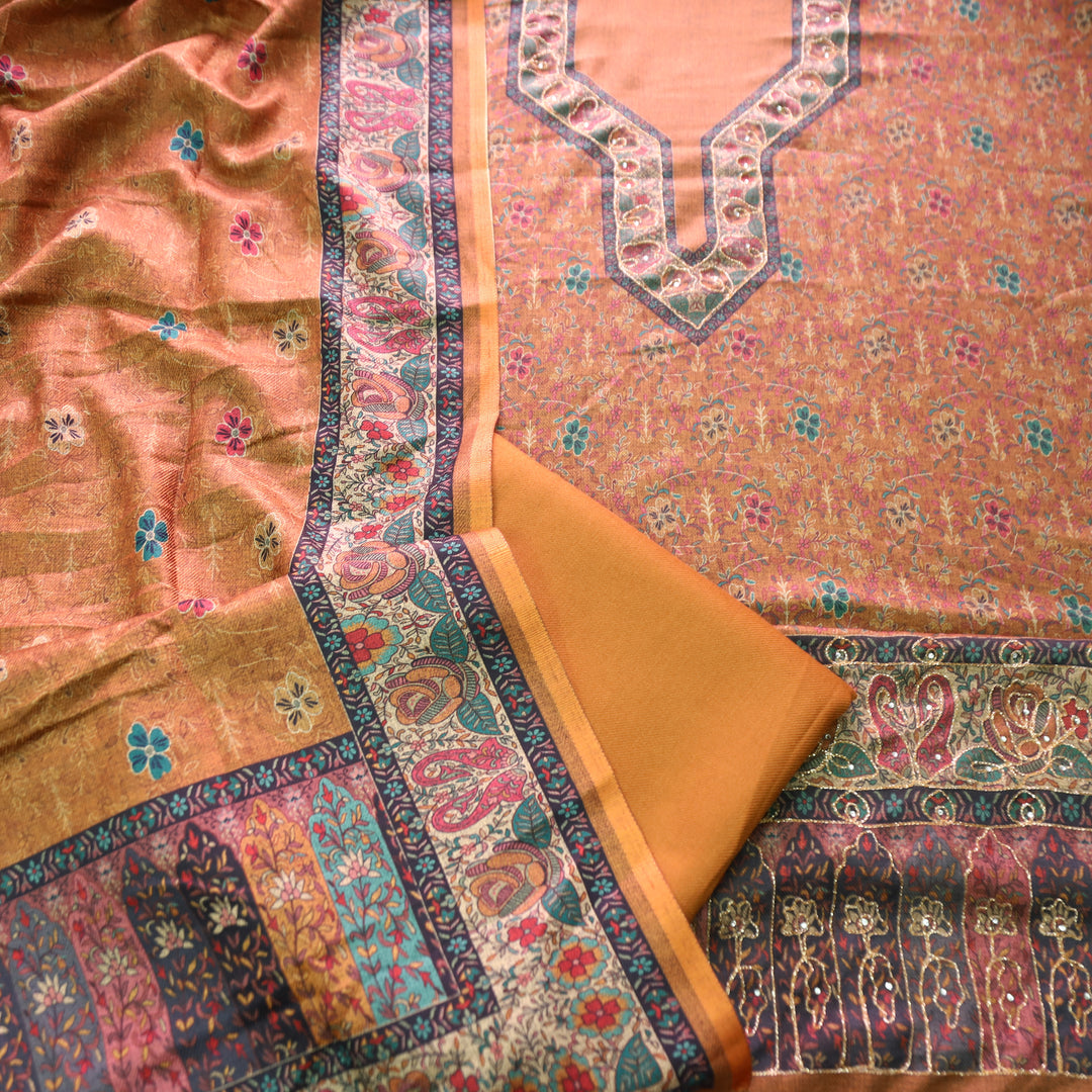 काफिराना Dandelion Yellow Floral Print with Chain Style Zari Semi Pashmina Winter Set