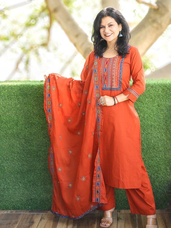 Laadli Rust Orange Embriodered Yoke with Patra Work Cotton 3 Piece Set