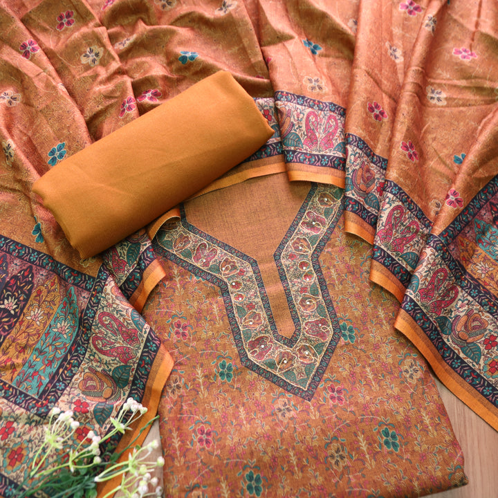 काफिराना Dandelion Yellow Floral Print with Chain Style Zari Semi Pashmina Winter Set