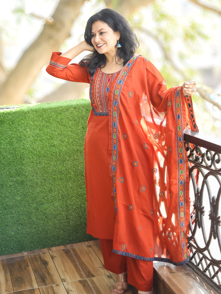 Laadli Rust Orange Embriodered Yoke with Patra Work Cotton 3 Piece Set
