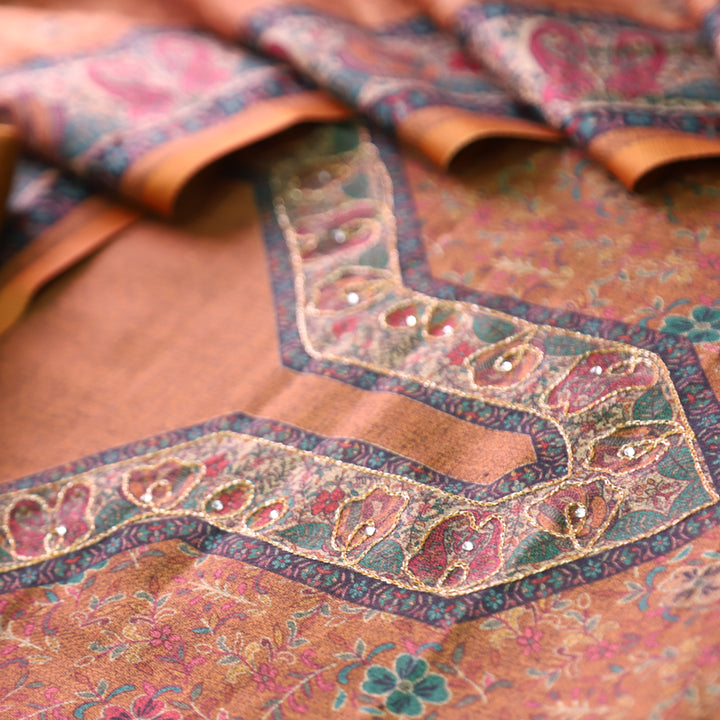 काफिराना Dandelion Yellow Floral Print with Chain Style Zari Semi Pashmina Winter Set