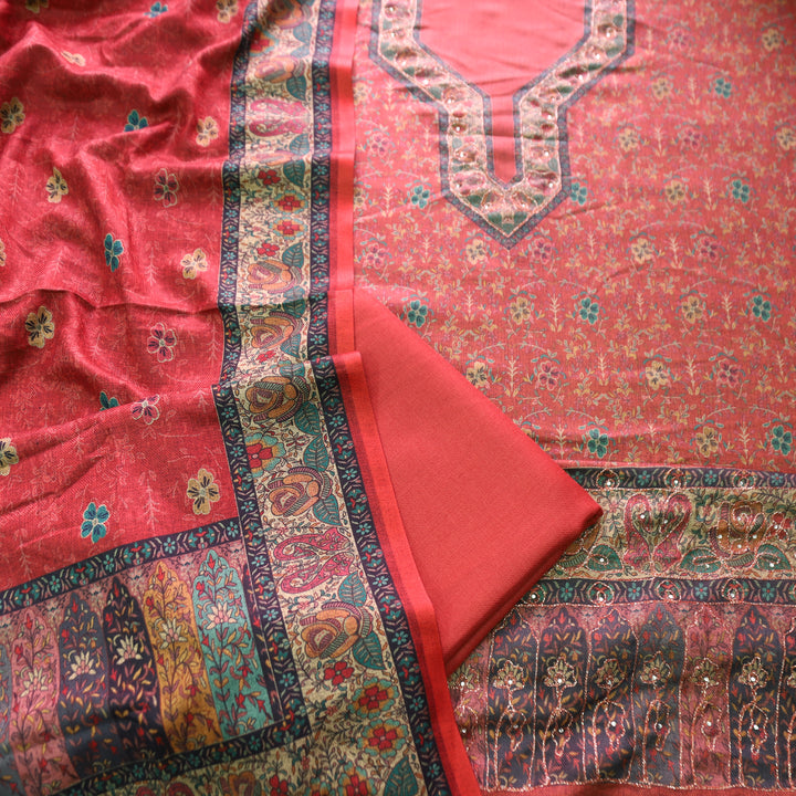 काफिराना Coral Blush Floral Print with Chain Style Zari Semi Pashmina Winter Set